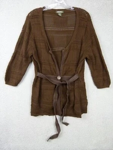 Eddie Bauer Womens XL Brown Cotton 3/4 Sleeve 1-Button Cardigan w/ Tie Waist - Picture 1 of 7