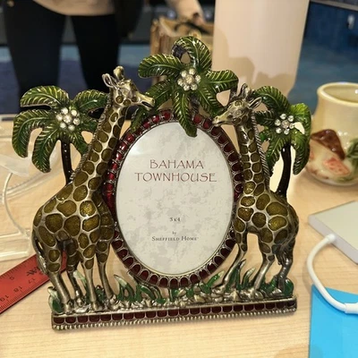 Enameled Pewter Photo Frame -  - Giraffes & Palm Trees - Excellent Condition - Image 1 of 4