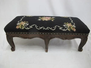 VICTORIAN Black FLORAL NEEDLEPOINT Upholstery Carved Wood Foot Stool Bench - Picture 1 of 11
