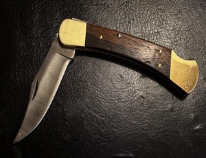 1970s Buck 110 2 dot 4-Pin Folding Pocket Knife USA Wooden Handle & Brass - Picture 1 of 11