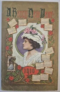 Alte Postkarte Neujahr 1910 Kalender hübsches Mädchen vergoldet unbespielt AA46 - Bild 1 von 2