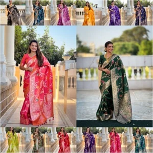 Designer morbido seta Banarasi donna Sari Meenakari tessitura indiano tradizionale sari - Foto 1 di 161