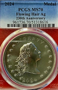 PCGS MS-70! 2024 FLOWING HAIR DOLLAR SILVER MEDAL, 230TH ANNIVERSARY - Picture 1 of 3