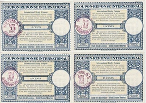 USA Postage Coupon-Response International 15 CENTS 1960 aUNC 4 pcs TRIBOROUGH NY - Picture 1 of 2