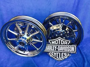 Harley Chrome 9 Spoke Heritage Fatboy FLSTC Wheels Rims 2000 to 17 FLSTN, Deluxe - Picture 1 of 8