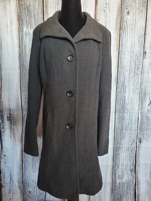 Anne Klein AK Wool Blend Charcoal Gray Long Peacoat 2 Pocket Button Medium EUC - Image 1 of 4