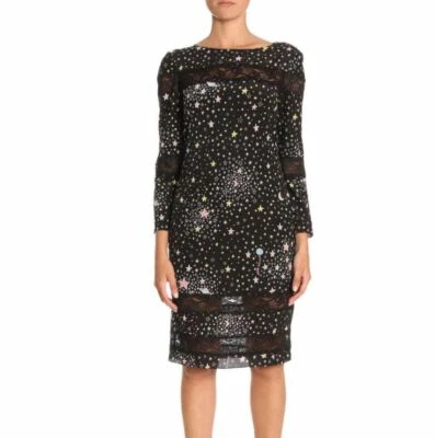 Boutique Moschino Black Silk Star  Print Lace Accent Dress 42 IT / 6 US NWT - Imagem 1 de 4