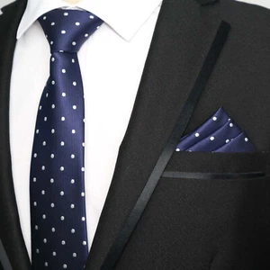 Tie Pocket Square Navy Blue Silver Polka Dot Handmade Men's Wedding Formal - Picture 1 of 6