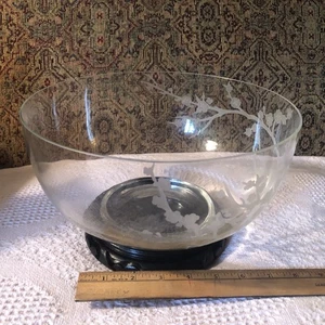 GUMPS of San Francisco VTG Floral Etched Bowl w Black Wood Stand NIB - Picture 1 of 12