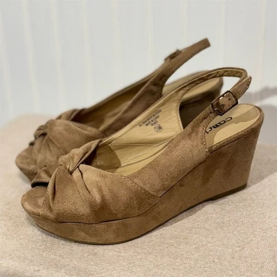 Cabrizi Renee Wedge Sandals 7.5M Taupe Brown Faux Suede Peep Toe Slingback Shoes - Image 1 of 4