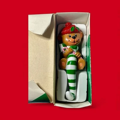 Vintage Christmas 1982 Holiday Teddy Bear Stocking Holder Hanger Candy Cane Hook - Image 1 of 4