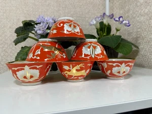 Juego de té de porcelana uzbeko vintage - 6 cuencos Piala - patrón de ciervo dorado y algodón 11 - Imagen 1 de 10