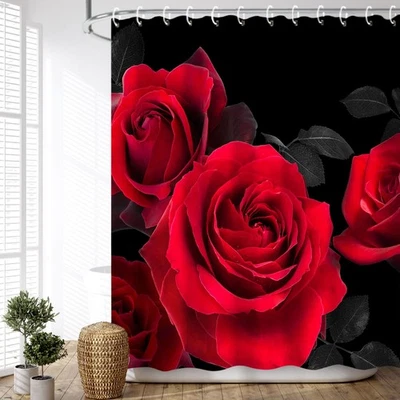 72x72" Red Rose Shower Curtain Black and Red Floral Flower Decorative Gift - Image 1 of 4