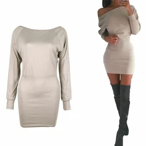 Mini Dress Jumper Bodycon Mini Dresses Sheath Party Women Long Sleeve Sweater - Picture 1 of 11
