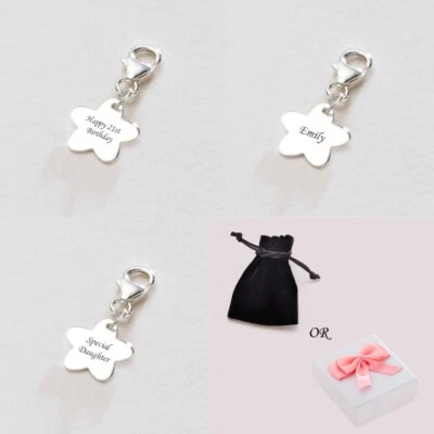 Personalised 925 Sterling Silver Flower Charm with Engraving on Lobster Clasp. - Image 1 of 4