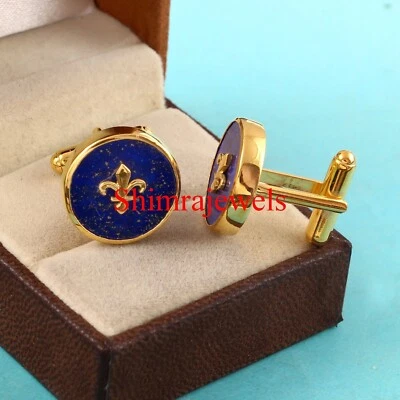 Natürlich Lapislazuli Edelstein Mit 18k Vergoldet Silber Manschettenknöpfe #347 - Bild 1 von 4