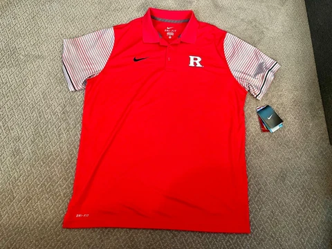 Rutgers University Mens XL Red Gray Short Sleeve Dri-Fit Polo Nike Golf NWT Cover