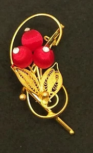 Gold Tone Red Satin Flower with Rhinestone Brooch Pin Costume Jewelry - Picture 1 of 3