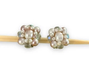 VTG Signed JAPAN Wired Faux Pearls- AB Glass Cluster Clip Earrings Silver Tone - Picture 1 of 5