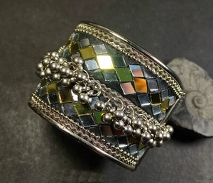 B4393 Ethnic Cuff White Metal Tribal Wide Bell Bangle Fashion Bracelet India - Picture 1 of 8