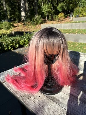 Peluca Rosa Ombre Gris Arco Iris Destacados Ondulada 25 Pulgadas Con Soporte para Peluca Foto 1 de 4