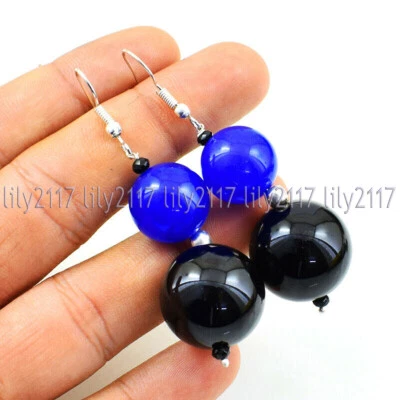 Pendientes colgantes de gancho redondos de plata con gemas de ónix negro jade azul natural de 8 y 12 mm Foto 1 de 4