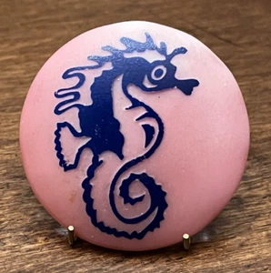 Vintage Pink Glass w/Blue SEAHORSE Button - 1-3/8" (X3) - Picture 1 of 3