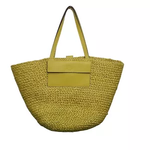 J Jill large Yellow Straw w/ Leather Large Shoulder Tote Bag Purse Beach Cruise - Picture 1 of 10