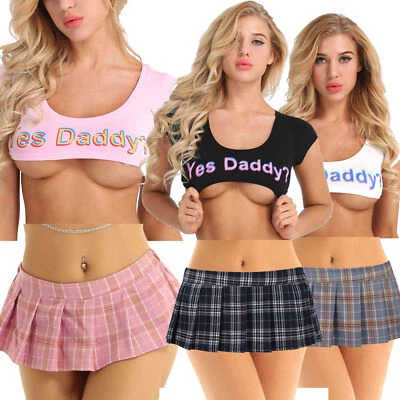 UK Women Under Boob Crop Tank Tops Y2K Short Tops /Miniskirt Plaid Pleated Skirt - Image 1 of 4