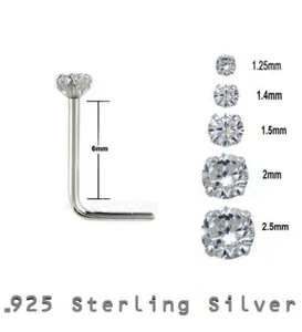 2pcs L-Shaped Prong Set Clear Cubic Zirconia 22GA .925 Sterling Silver Nose Stud - Picture 1 of 2