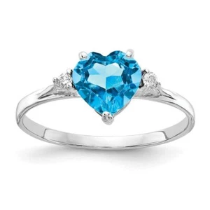 14K Solid White Gold 7mm Heart Swiss Blue Topaz Diamond Ring - Picture 1 of 64