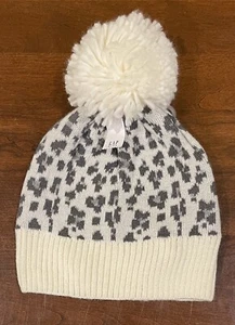 Gap Kids Girls Leopard Print Lightweight Knit Pom Beanie Hat Cream Gray One Size - Picture 1 of 5