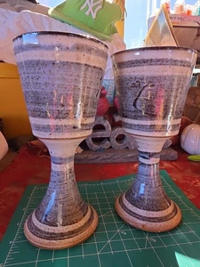 Handmade Pottery Goblets Pair EUC Approx 7" - Picture 1 of 8