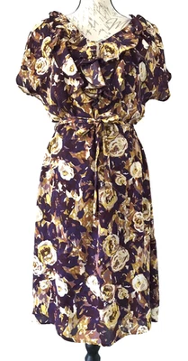 LANDS END 女式多色花卉绑带腰荷叶边雪纺连衣裙和懒人 8 码 — 第 1/4 张图片