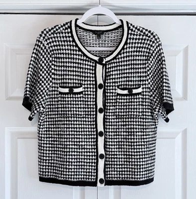 Talbots Women’s Short Sleeve Cardigan Ivory & Black Check Jacquard PXL NWT - Image 1 of 4