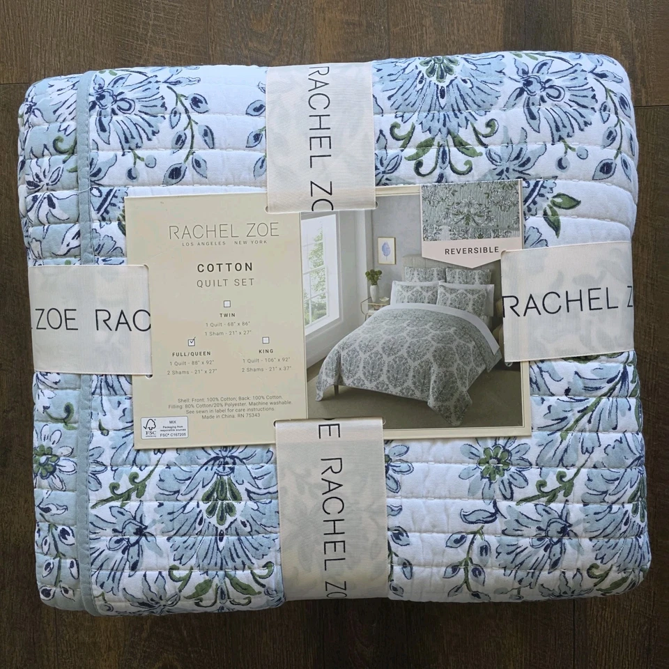 Edredón medallón de algodón Rachel Zoe Full Queen reversible azul NUEVO Foto 1 de 4