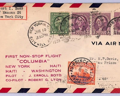 USA/HAITI Air 1933 Cover COLUMBIA FIRST FLIGHT Boyd-Lyon MULLER 10,000pts WT121 - Image 1 of 4