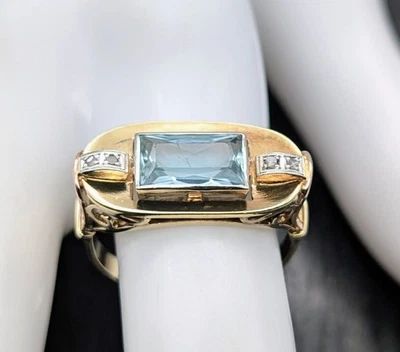 585/14K Gelbgold Vintage Brillant Aquamarin Damenring – 5,10 g – Größe 61 #1556 - Bild 1 von 4