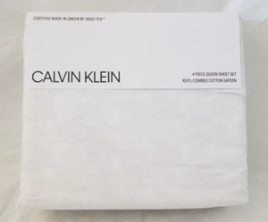 4 pc Calvin Klein 100% Combed Cotton Sateen White & Grey Queen Sheet Set NIP - Picture 1 of 10