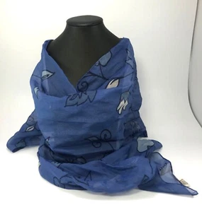 Vintage Blue & White Floral Vine Pattern Italian Chiffon Scarf 11"x60" Polyester - Picture 1 of 4