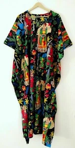 Indian Black Long Floral Print Cotton Maxi Women Nightwear Caftan Dress - Picture 1 of 6