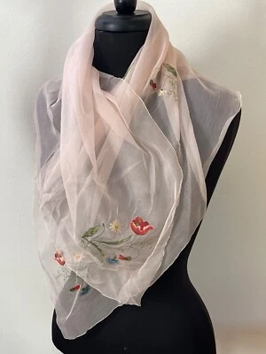 Cachecol de seda chiffon antigo vintage - Transparente com flores pintadas à mão YY922 - Imagem 1 de 4