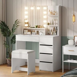 37" W Vanity Desk Vanity Mirror Lights and Table Set 3 Lighting Modes Brightnes - Picture 1 of 7