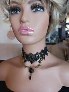 Gothic Choker Necklace,Jewery, Handmade Black,Lace, Faux Pearls 12/13" #2 - Picture 1 of 5
