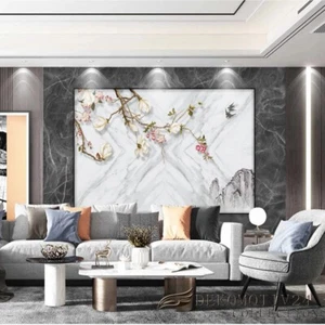 Vlies Fototapete Wandtapete Wandbilder Weißem Marmor Blumen Vogel 2149 - Picture 1 of 3