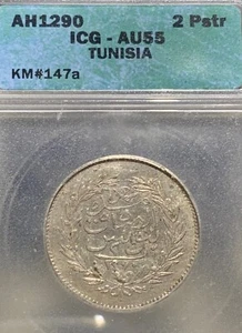Tunisia 2 Piastres. Rare AH1290. ICG AU 55. KM #147a. Silver. - Picture 1 of 2