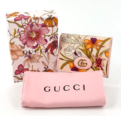 GUCCI Cartera Plegable Floral Lona Cuero Doble Plegable Rosa Cartera Compacta Auténtica Foto 1 de 4