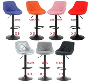 3 Bar Stools , Black Grey Silver Red Blue Orange Pink Faux Leather, set of 3 - Picture 1 of 62