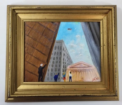 Outsider Art OVNI paisaje urbano "Wot Thov..?!" Pintura al óleo surrealista F Gohringer 2022 Foto 1 de 4