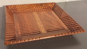 Handcrafted Wooden Square Serving Tray Slatted Design with Gold tone Inlay - Picture 1 of 11